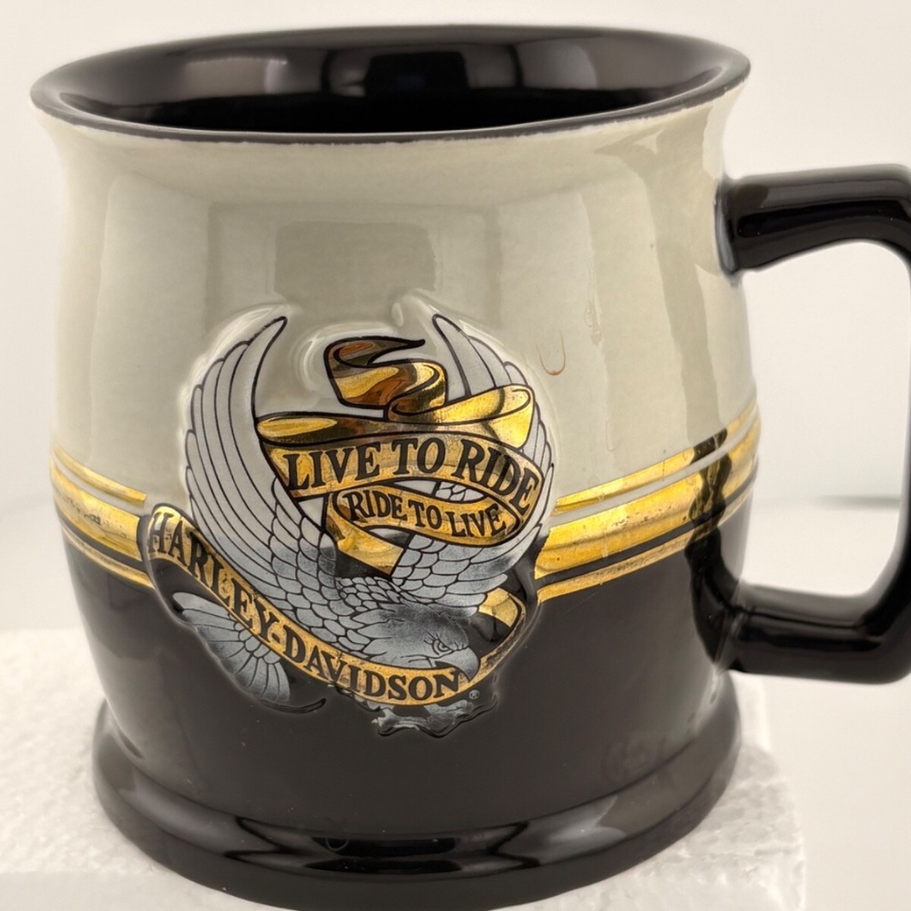 Official Licensed Harley Davidson Mug. Black & Light Gray with Gold Trim